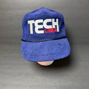 Vintage Tech USA Blue Corduroy Rope Hat One Size Made in Taiwan USA Logo
